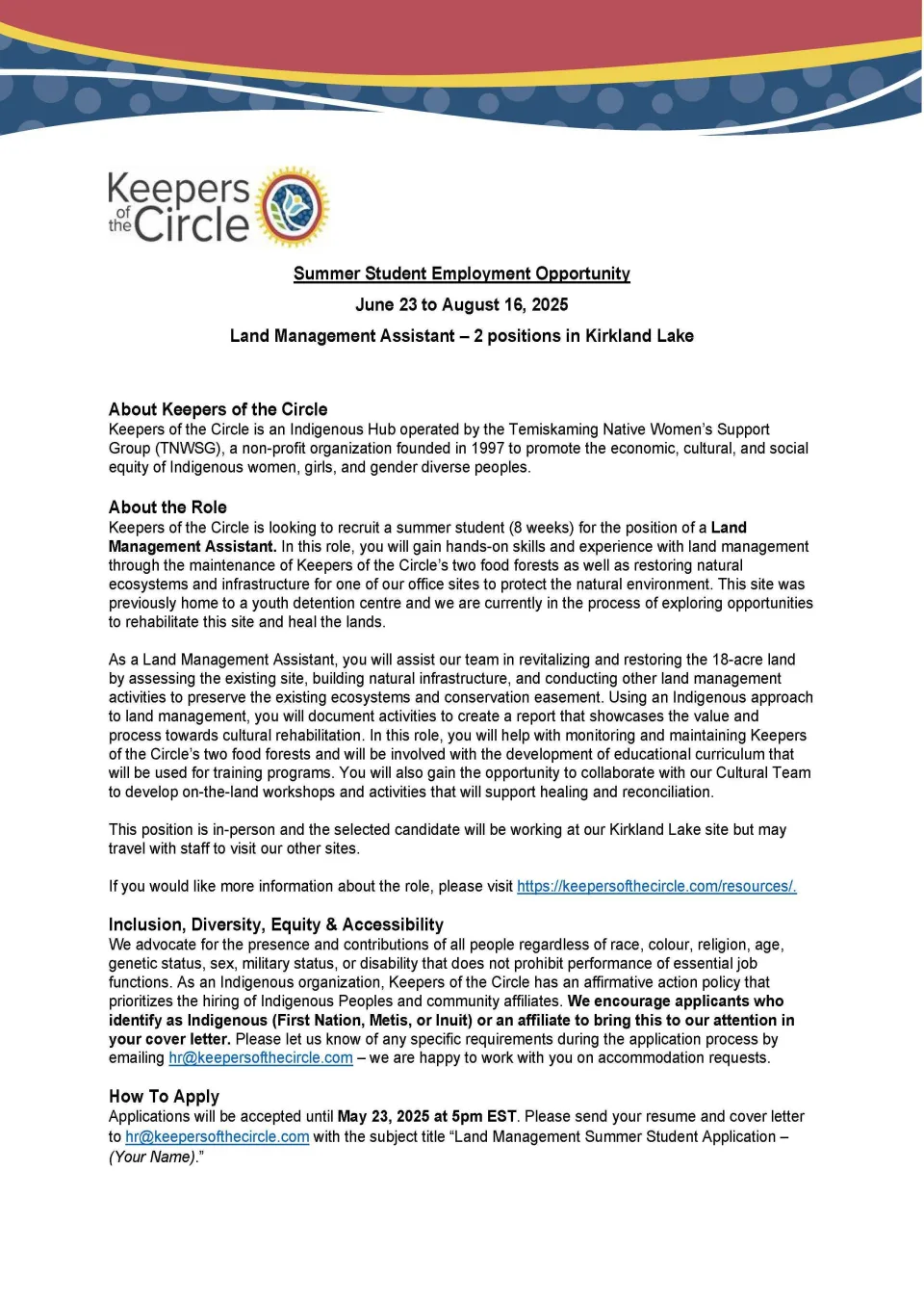 Summer Student Land Management Assistant (2 Positions)