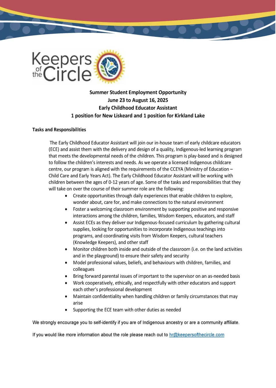 Summer Student Employment - Early Childhood Educator Assistant
