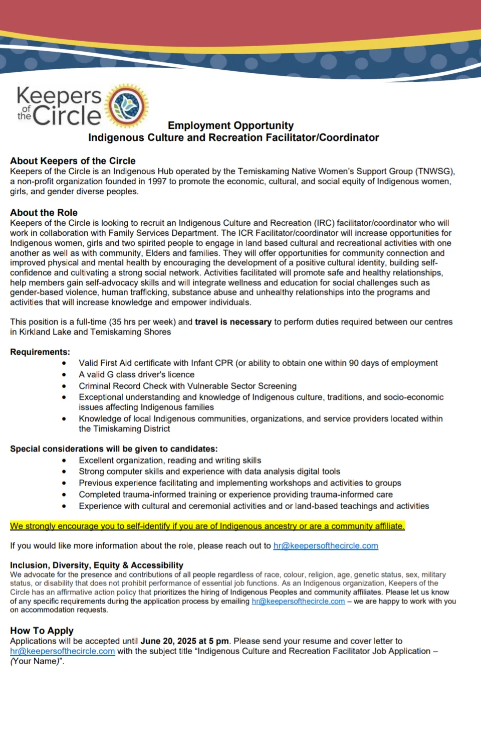 Indigenous Culture and Recreation Facilitator/Ccoordinator