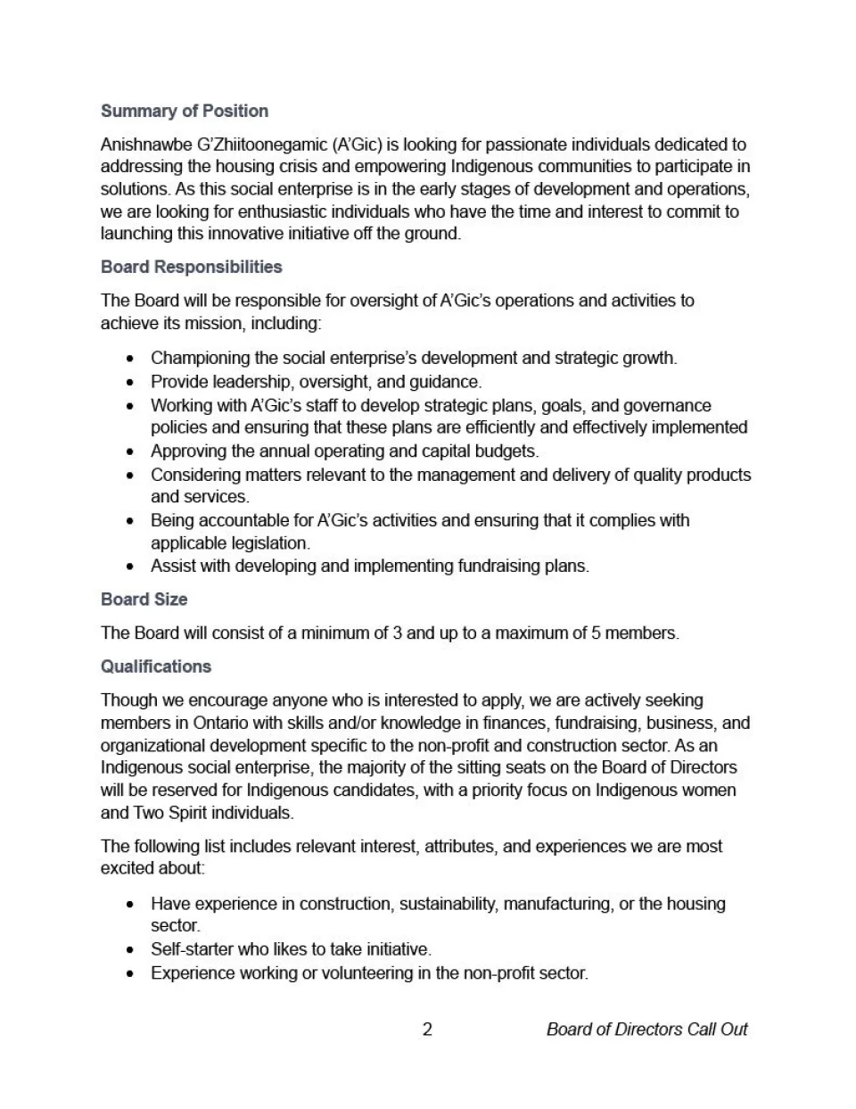 Board of Directors Call Out