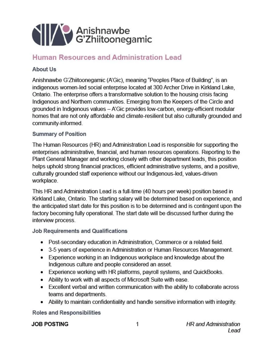 Human Resources & Administration Lead