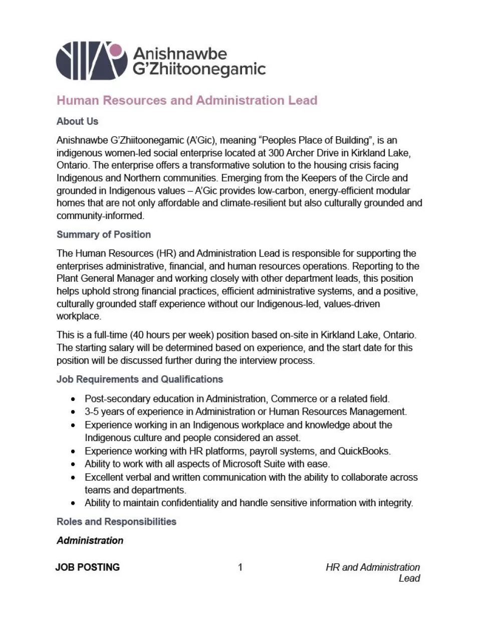 Human Resources & Administration Lead