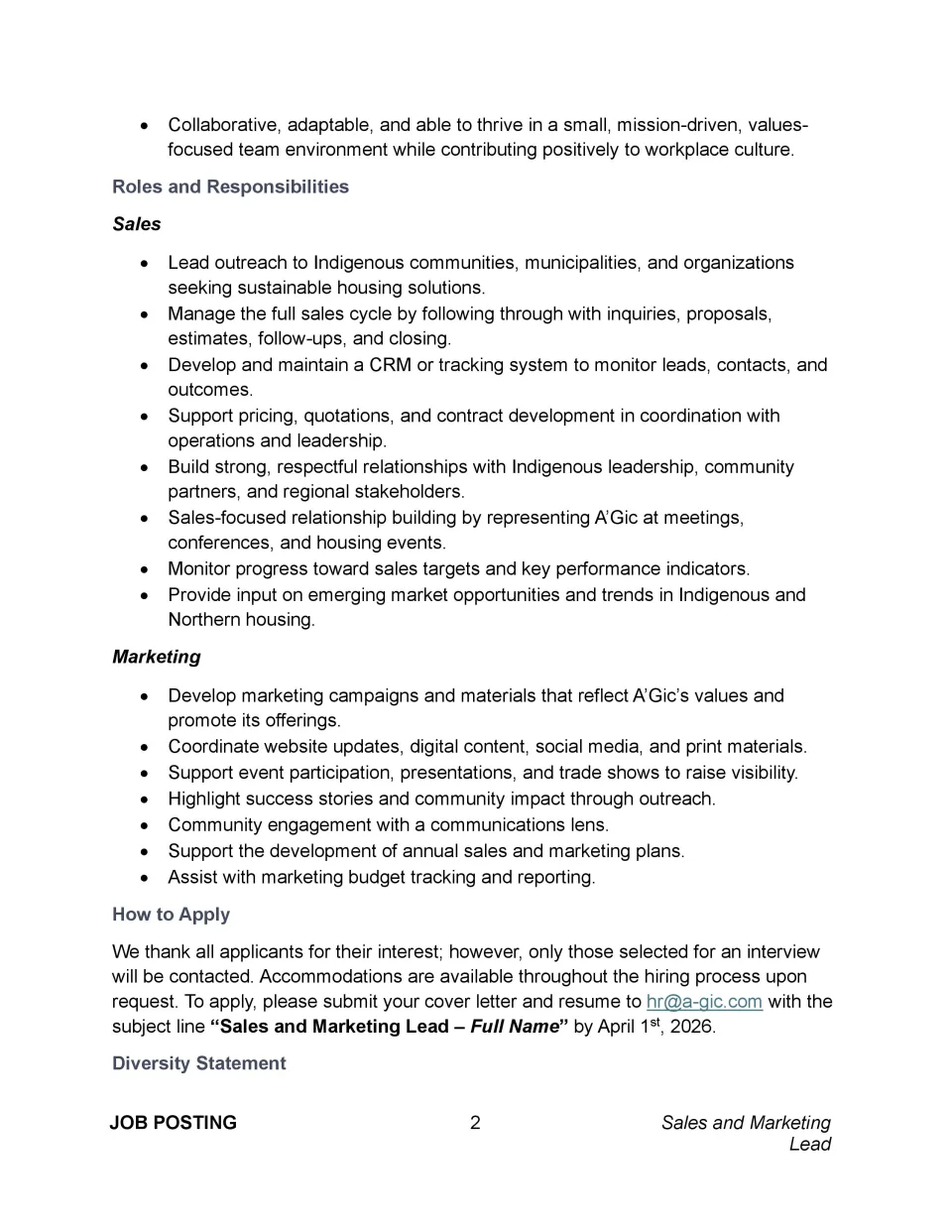 Sales and Marketing Lead