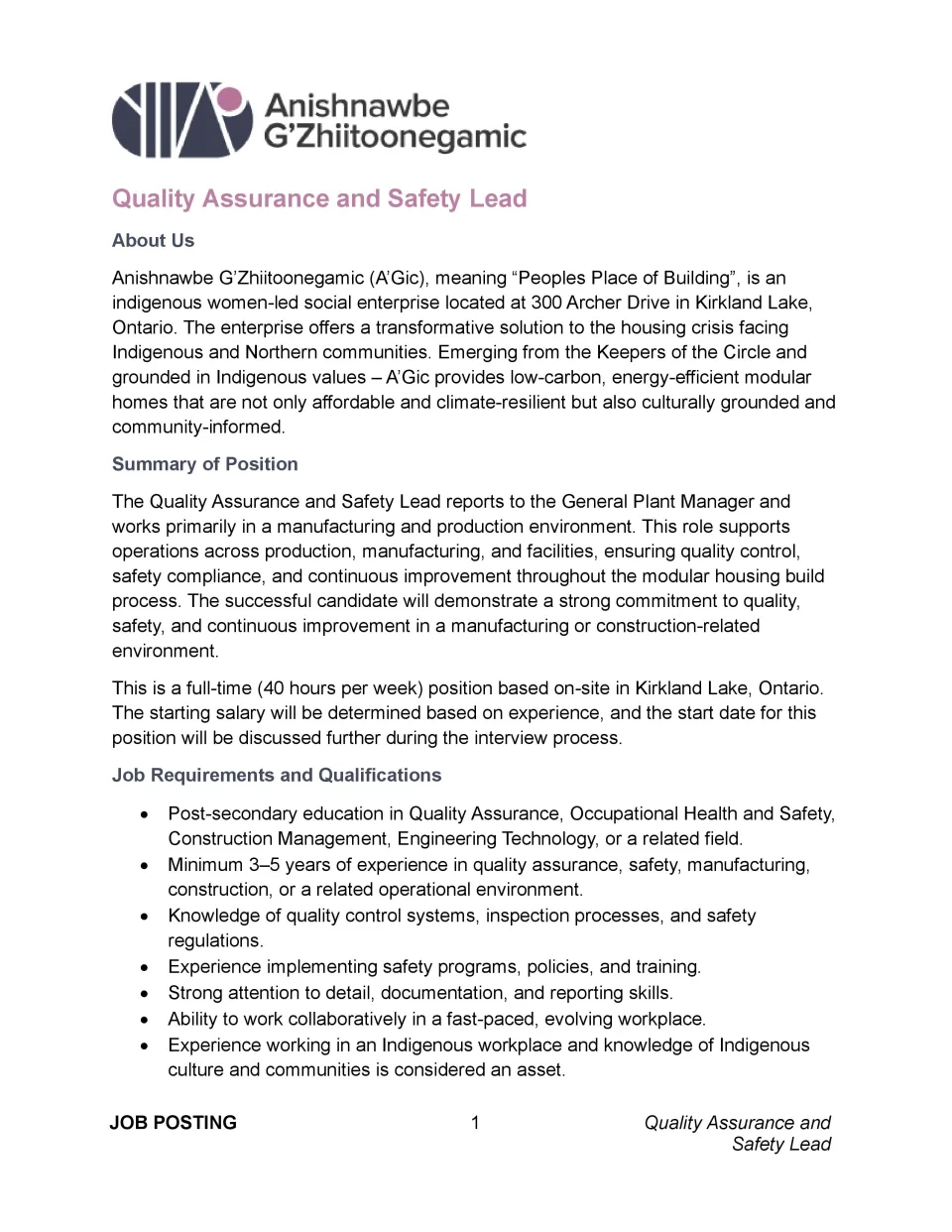 Quality Assurance and Safety Lead