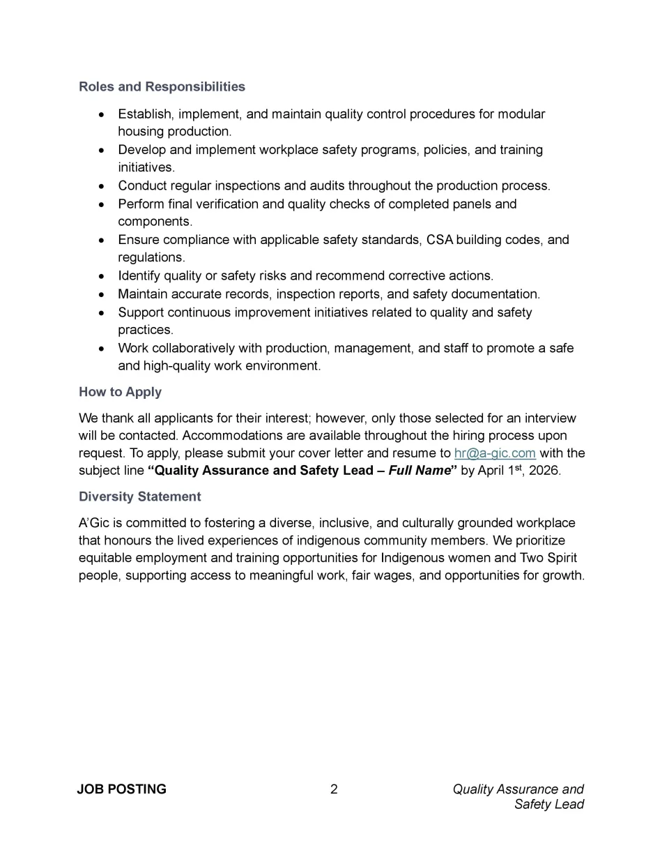 Quality Assurance and Safety Lead