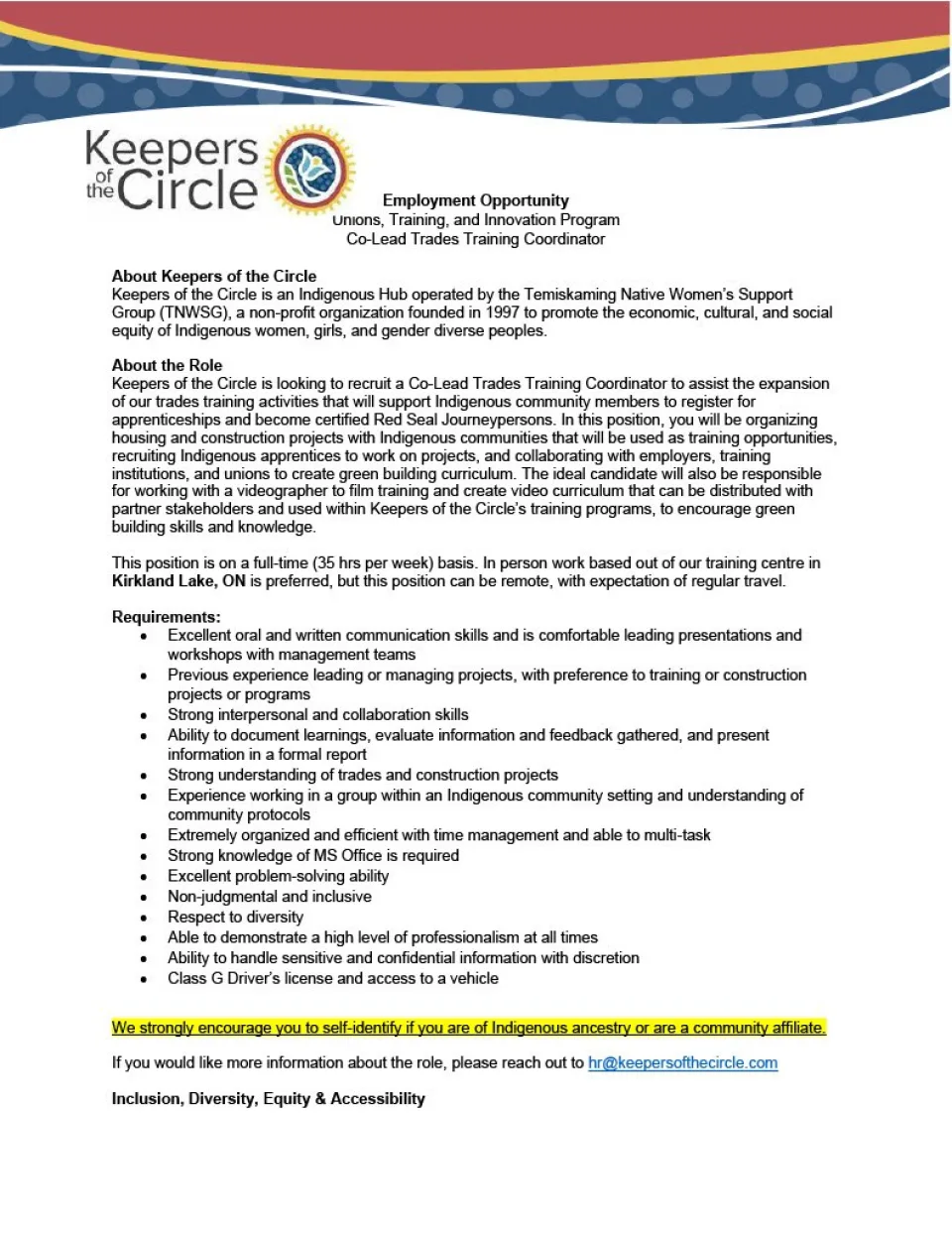 Unions, Training and Innovation Program Co-Lead Trades Training Coordinator