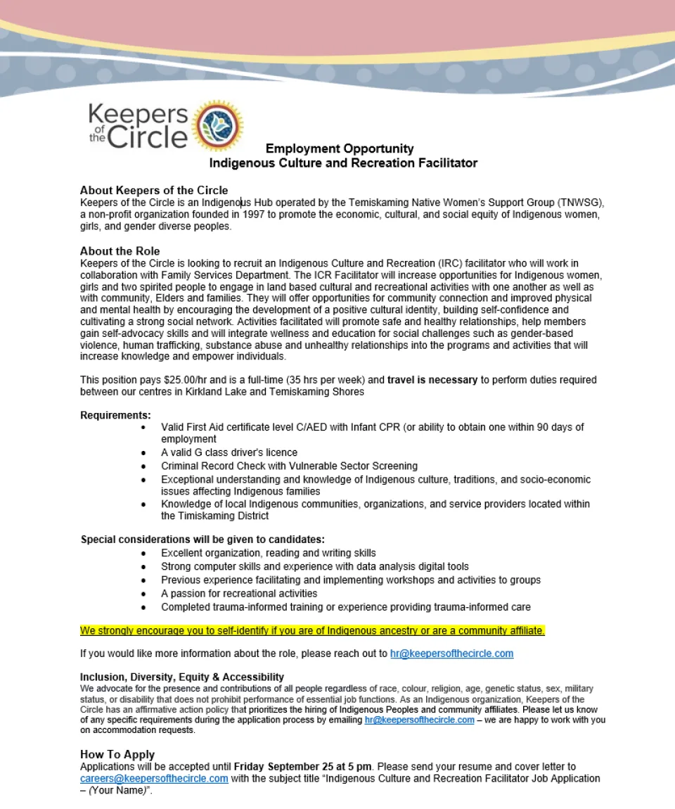 Indigenous Culture and Recreation Facilitator